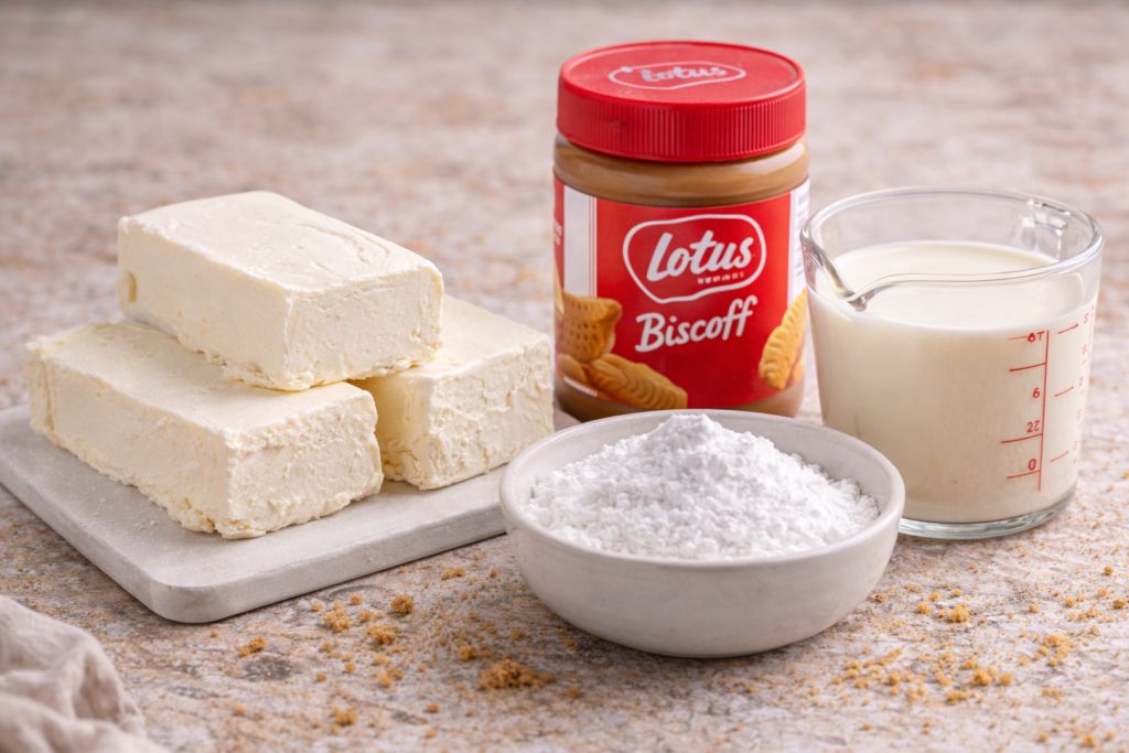 Sastojci za kremasti Biscoff cheesecake fil – punomasni krem sir, Biscoff namaz, šećer u prahu i vrhnje za šlag pripremljeni za miješanje