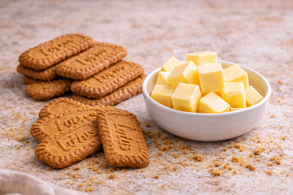 Biscoff keksi i maslac pripremljeni za podlogu Biscoff cheesecakea bez pečenja