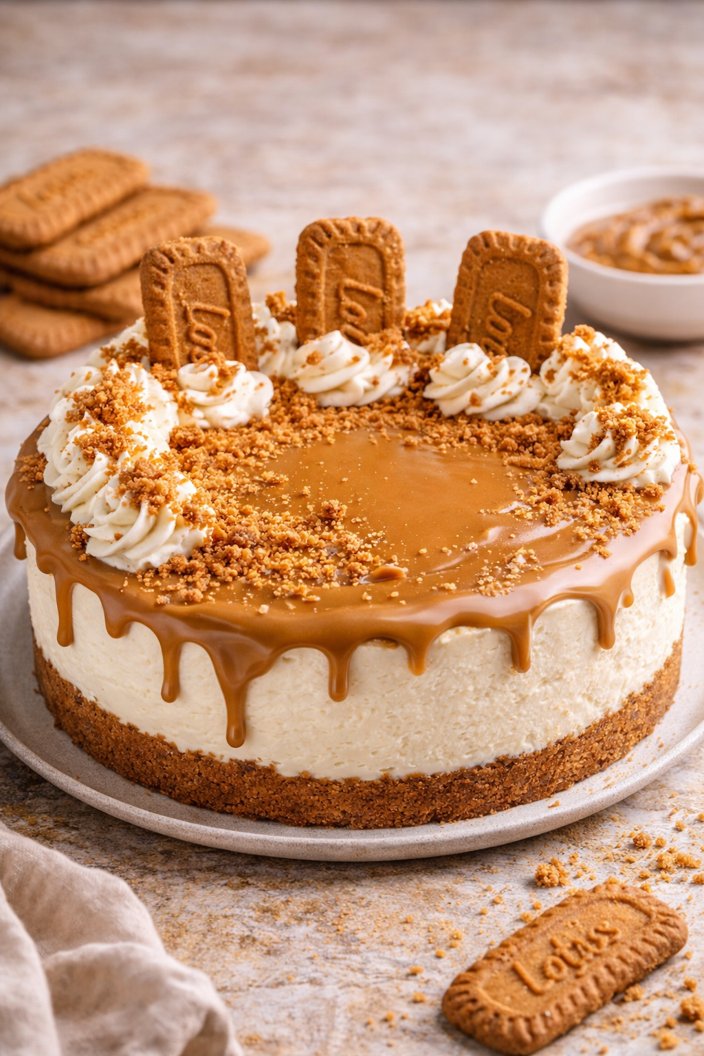 Biscoff torta sa slojevima biskvita i kreme od krem sira, prekrivena Biscoff karamel prelivom i Lotus keksima