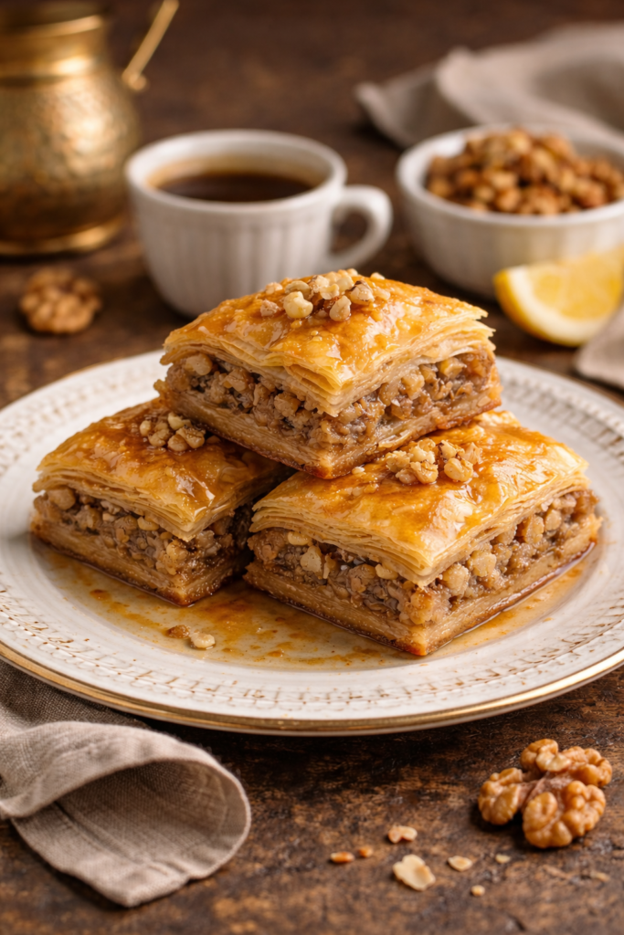 Bosanska baklava sa orasima poslužena na tanjiru, tradicionalni domaći kolač