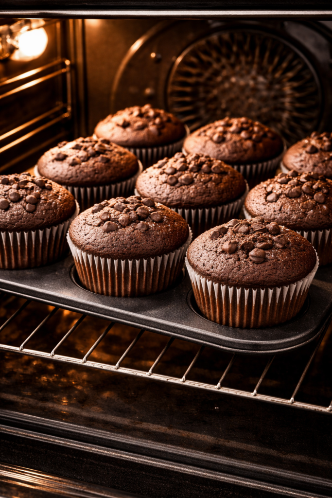 Čokoladni mafini punjeni Nutellom koji se peku u rerni u kalupu za mafine