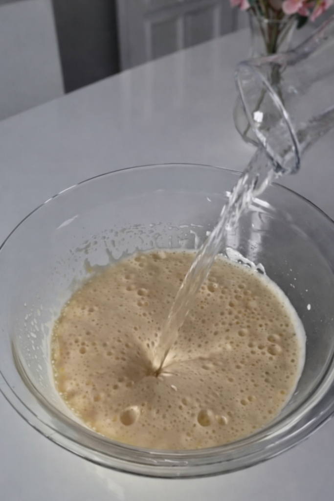 Prikaz pripreme pjenaste smjese u kojoj se vruća voda dodaje u umućena jaja i šećer. Ovaj korak pomaže da smjesa ostane lagana, prozračna i spremna za dodavanje suhih sastojaka.