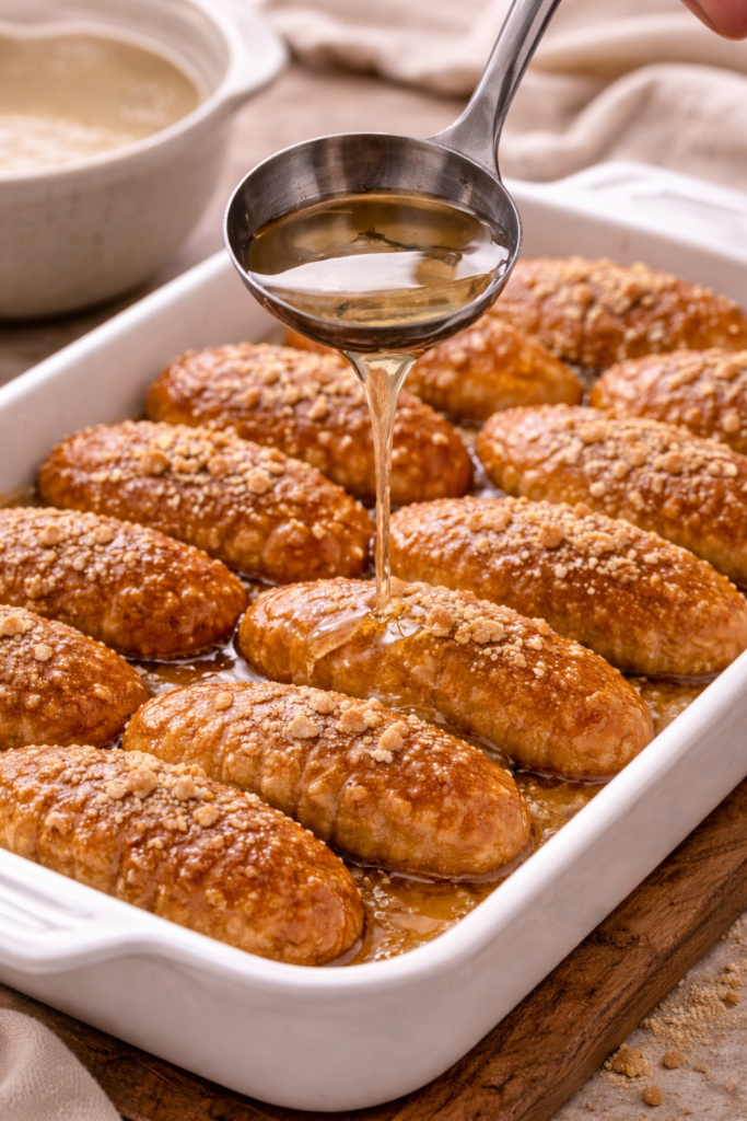 Zalijevanje domaćih bosanskih hurmašica toplom agdom odmah nakon pečenja, tradicionalni desert sa pekmezom