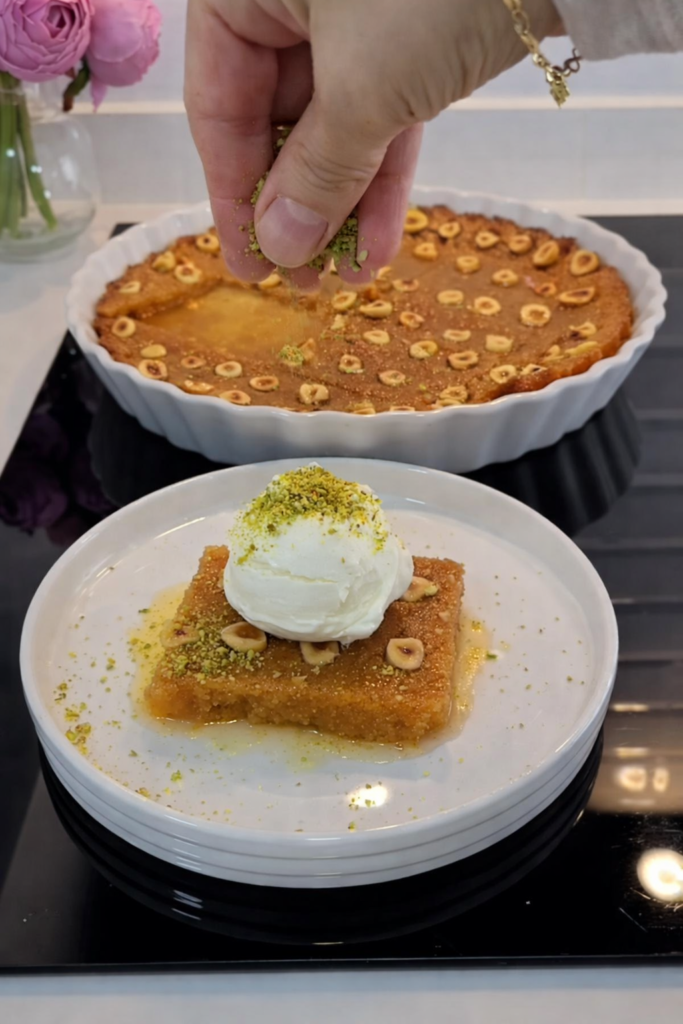 Karamelni desert sa grizom preliven sirupom, poslužen s kuglom sladoleda i posut pistacijama