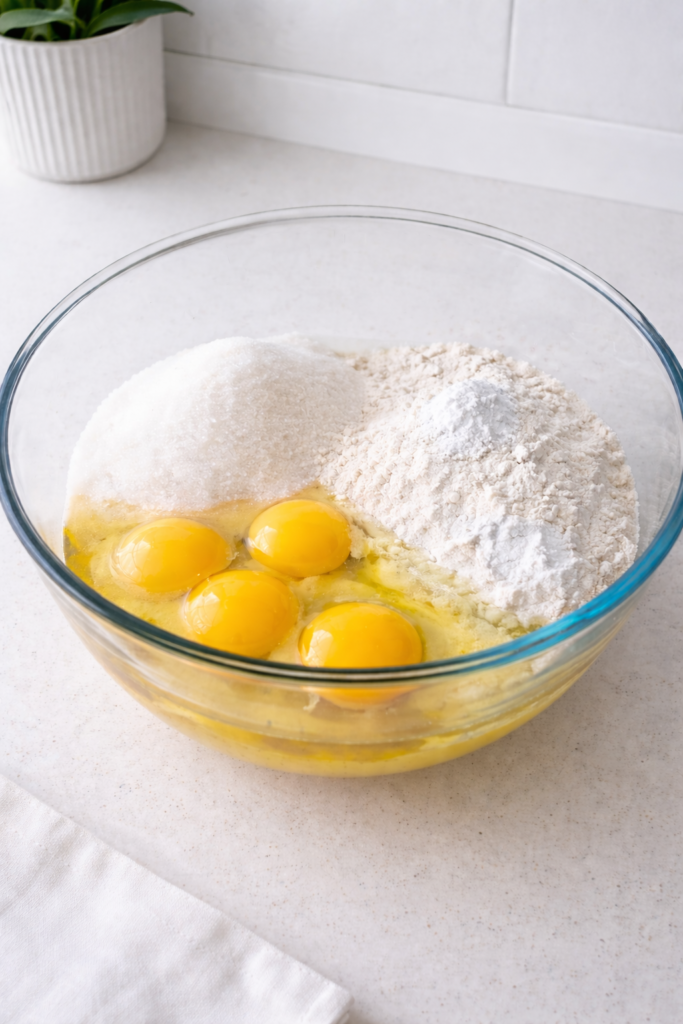 Sastojci za biskvit složeni u jednoj posudi – jaja, šećer, prosijano brašno i prašak za pecivo spremni za pripremu kolača.