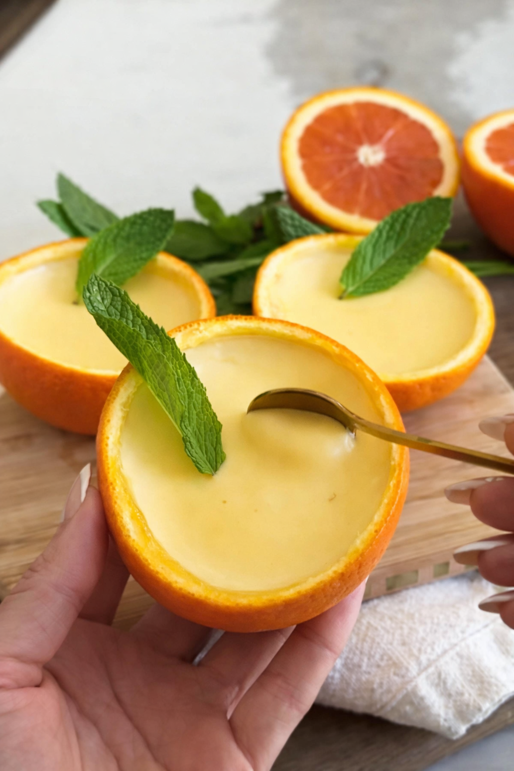 Kremasti desert u kori narandže serviran kašičicom, lagani citrusni desert bez pečenja sa svježom mentom