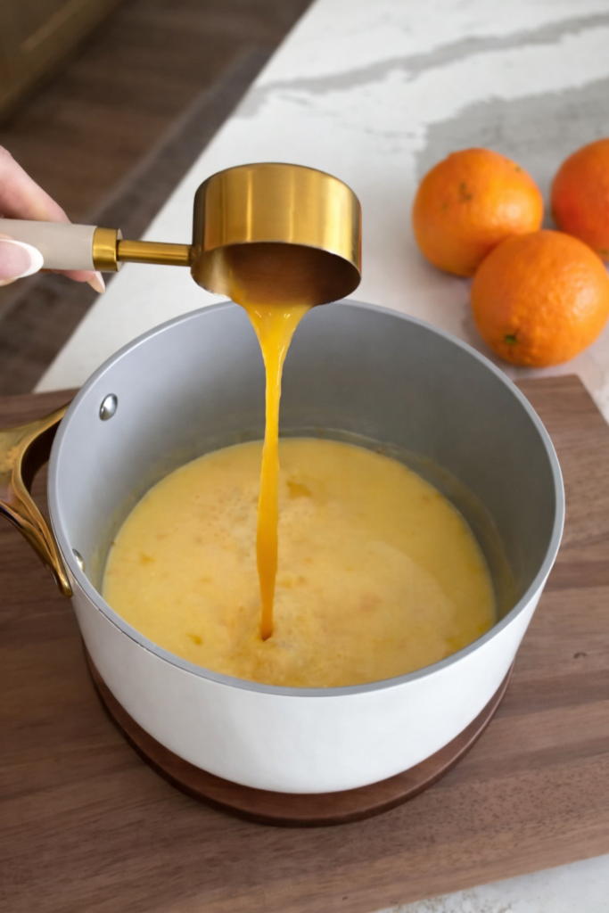 Svježi sok od narandže se sipa u kremastu smjesu tokom pripreme laganog deserta od narandže
