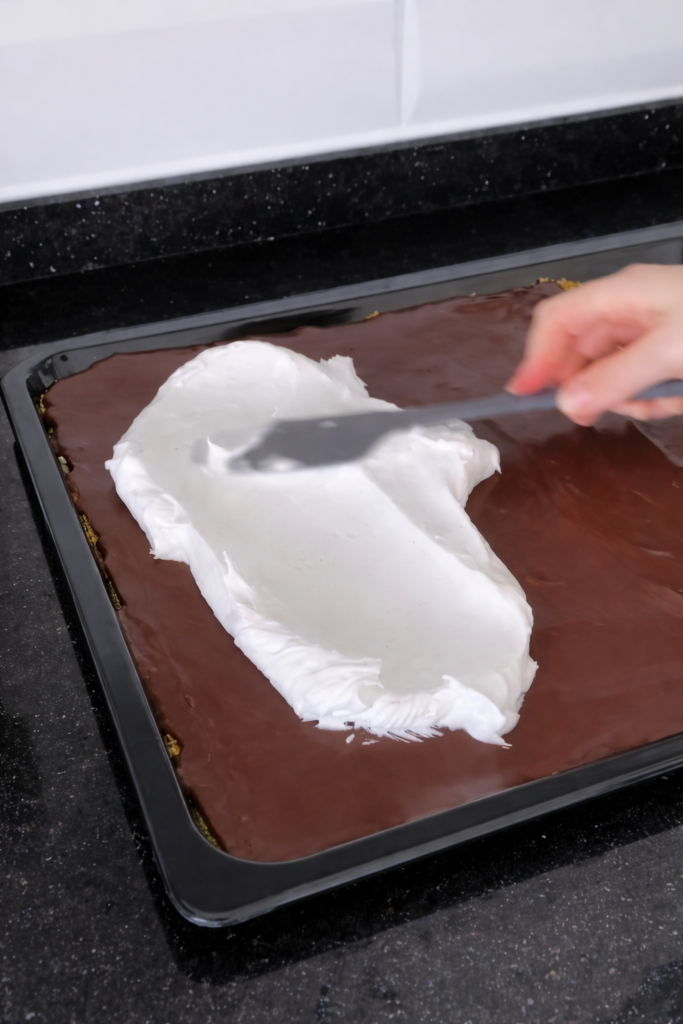 Šlag se ravnomjerno nanosi preko čokoladne kreme u plehu