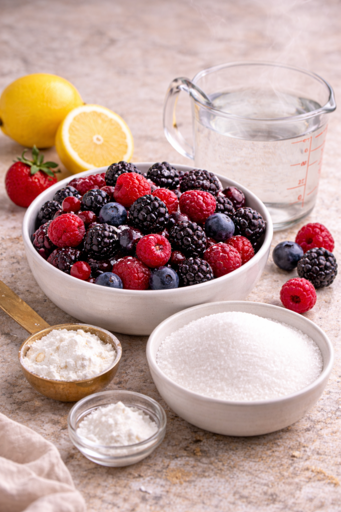 Sastojci za domaći preliv od šumskog voća – svježe maline, borovnice, kupine i ribizle, šećer, gustin (škrob), limun i voda, spremni za pripremu voćnog sosa