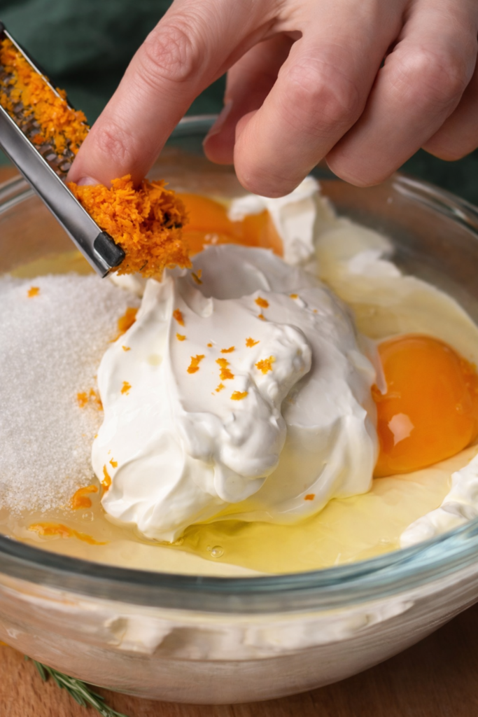 Dodavanje naribane korice mandarine u kremasti fil za mini mandarina kolač