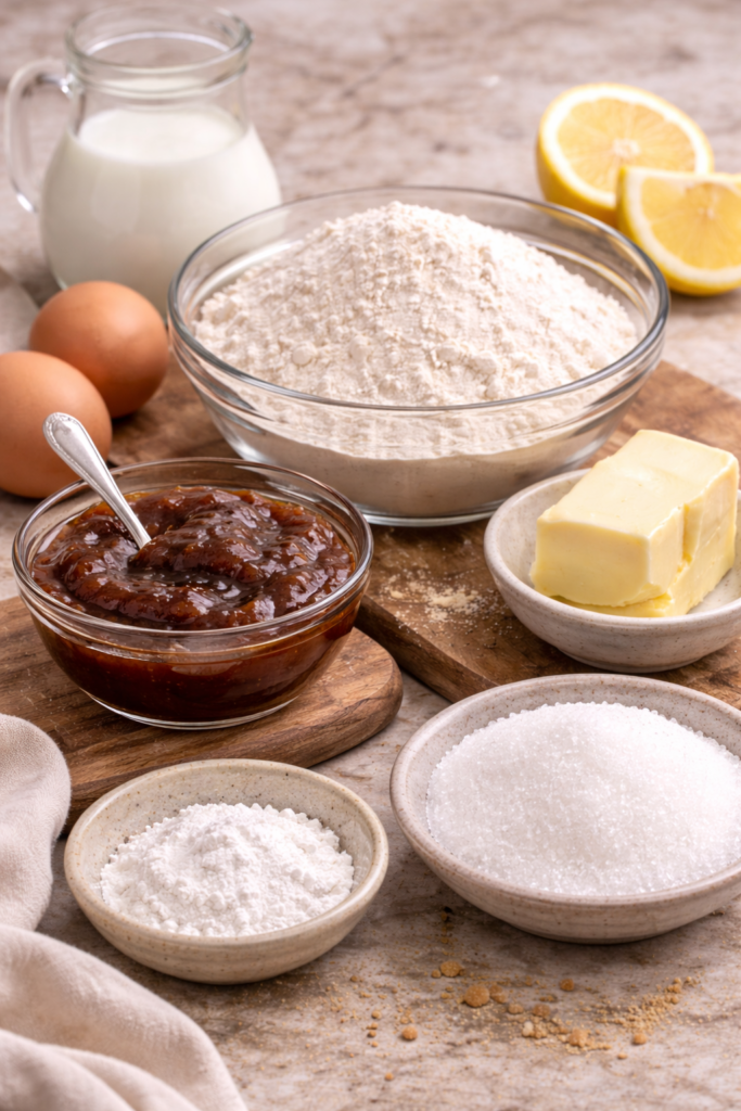 Sastojci za domaće bosanske hurmašice sa pekmezom – brašno, jaja, maslac, šećer, pekmez, limun i mlijeko pripremljeni za tradicionalni kolač.