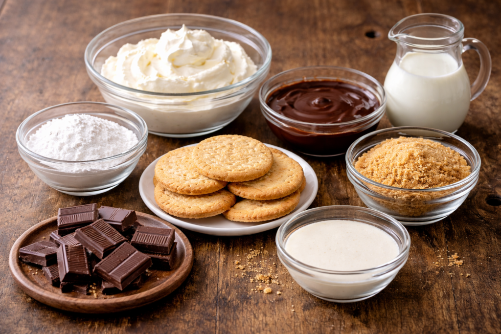 Sastojci za kremasti desert u čaši poredani na drvenom stolu