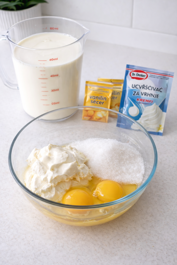 Sastojci za kremu pripremljeni za miješanje – hladna tečna pavlaka, mascarpone sir, šećer, vanilin šećer i učvršćivač za kremu.