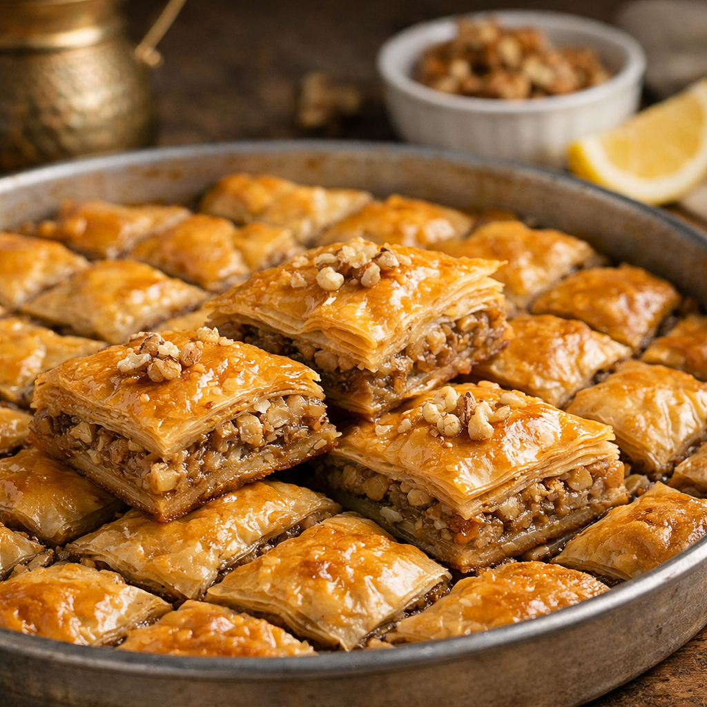 Tradicionalna bosanska baklava sa orasima, slojevite kore prelivene laganim sirupom