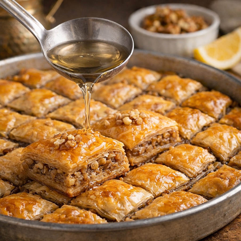 Zalijevanje tradicionalne bosanske baklave hladnim sirupom nakon pečenja