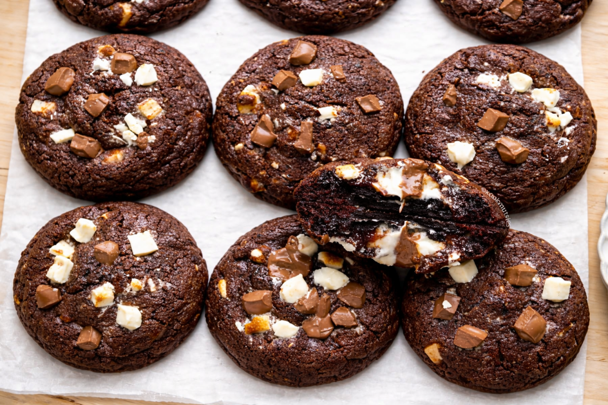 Brownie cheesecake kolačići sa kremastim filom od sira i komadićima čokolade, domaći čokoladni kolačići iz rerne