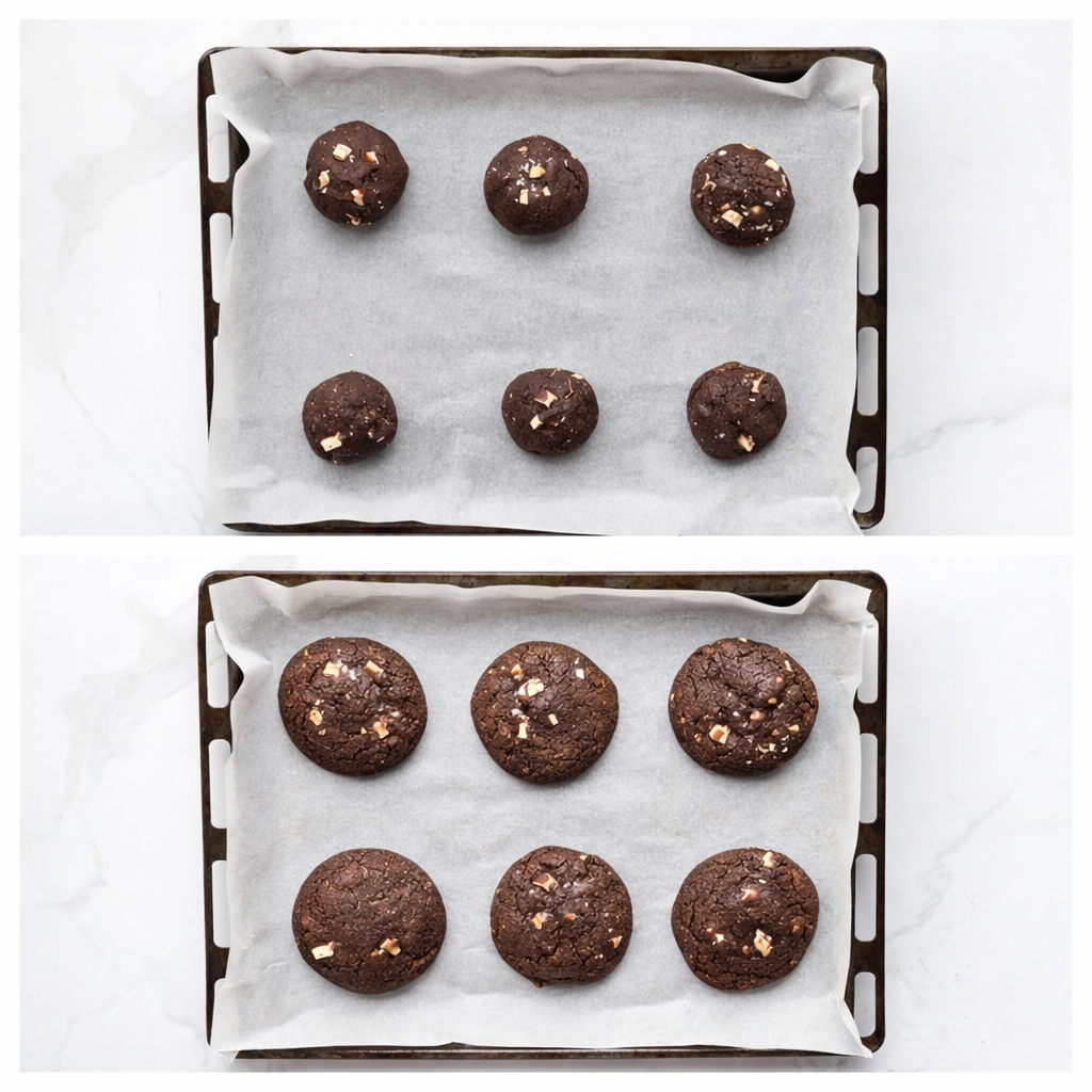 Brownie cheesecake kolačići prije i poslije pečenja na plehu obloženom papirom za pečenje