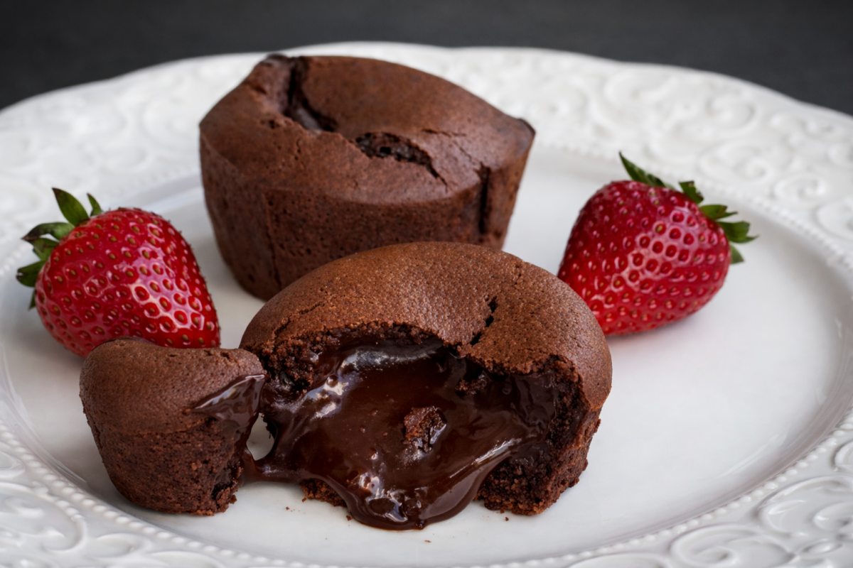 Čokoladni lava cake sa tečnom sredinom serviran uz svježe jagode