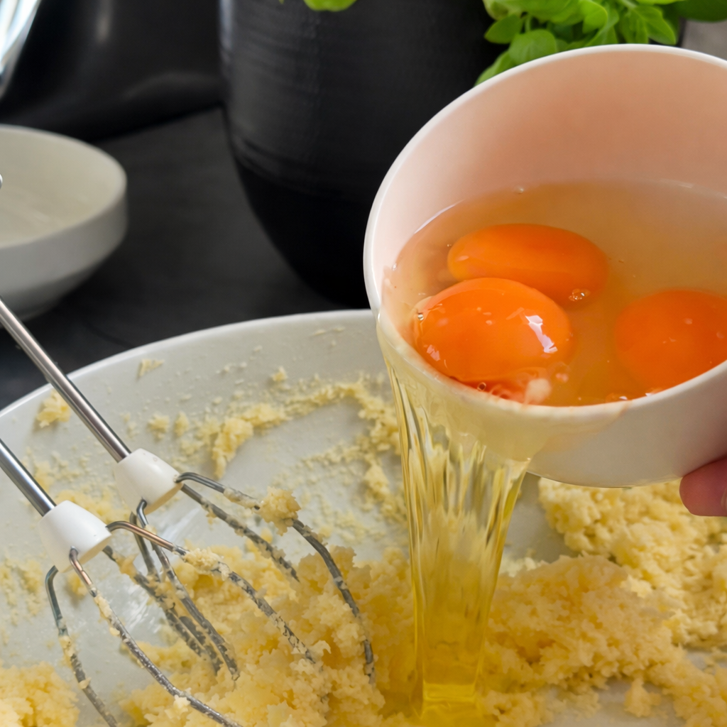 Dodavanje jaja u kremastu smjesu od maslaca i šećera za pripremu biskvita