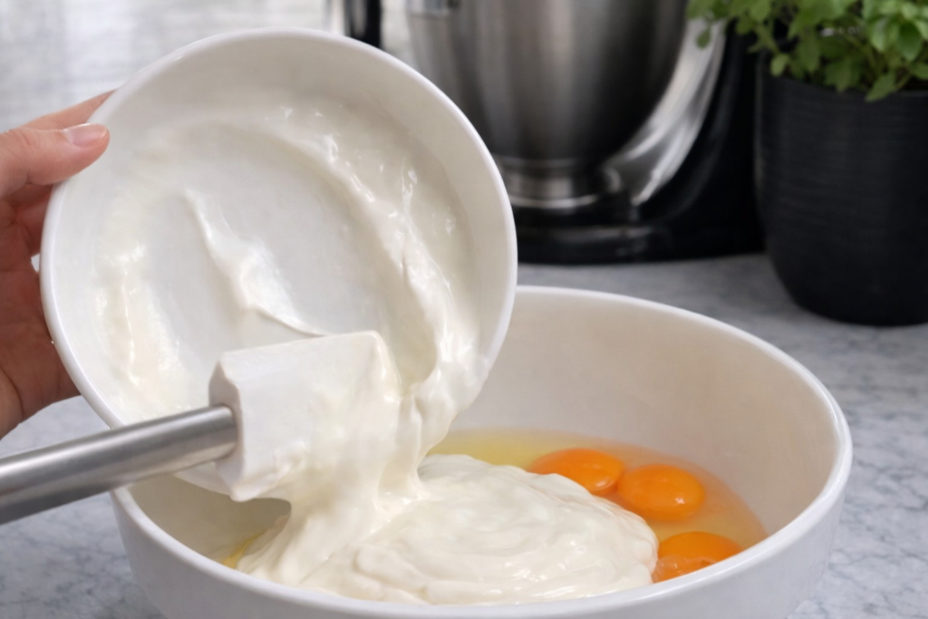 Dodavanje jogurta u jaja prilikom pripreme smjese za domaći kolač s borovnicama