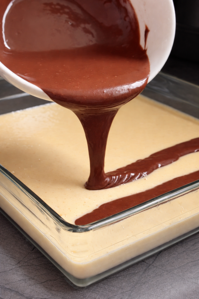 Dodavanje kakao smjese preko svijetle smjese za mramorni kolač u staklenom plehu