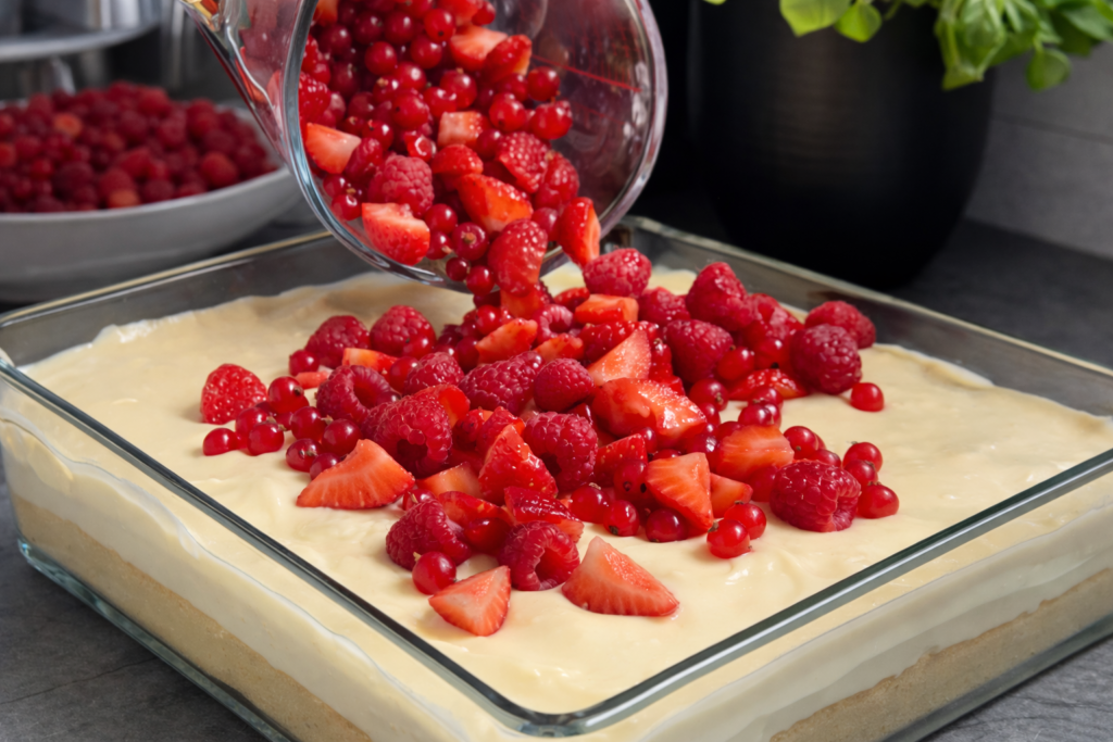 Jagode, maline i ribizle se raspoređuju preko kreme za voćne kocke