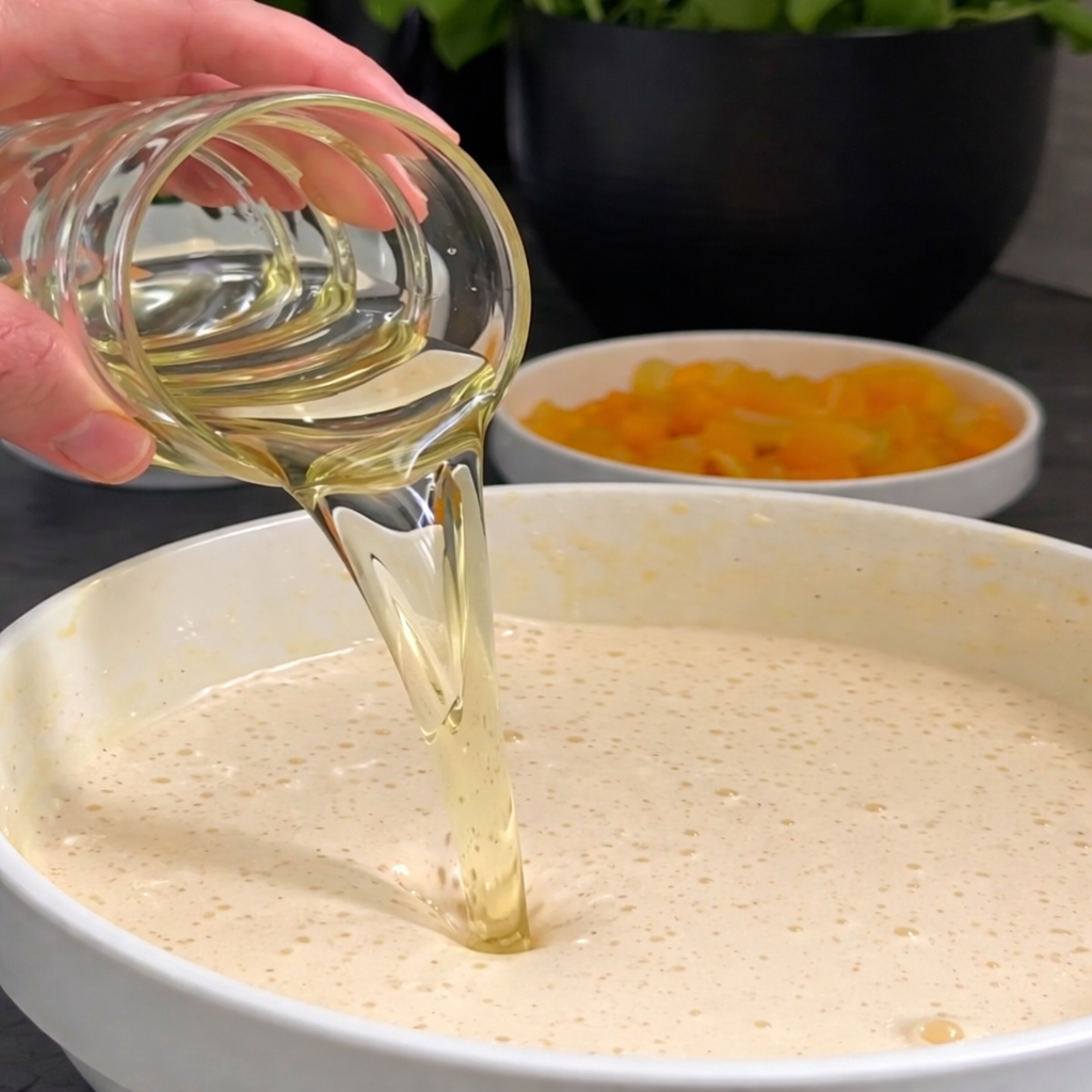 Dodavanje ulja u umućenu smjesu za mekani kolač sa sirom i kajsijama