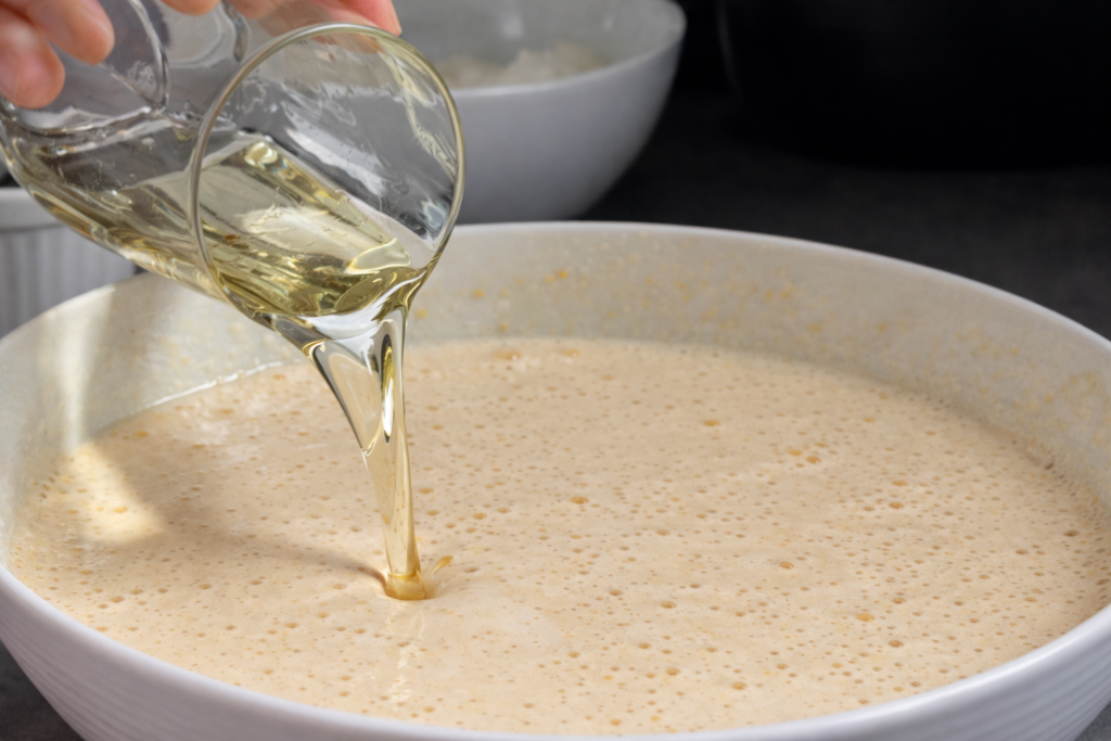 Dodavanje ulja u pjenastu smjesu tokom pripreme mramornog kolača