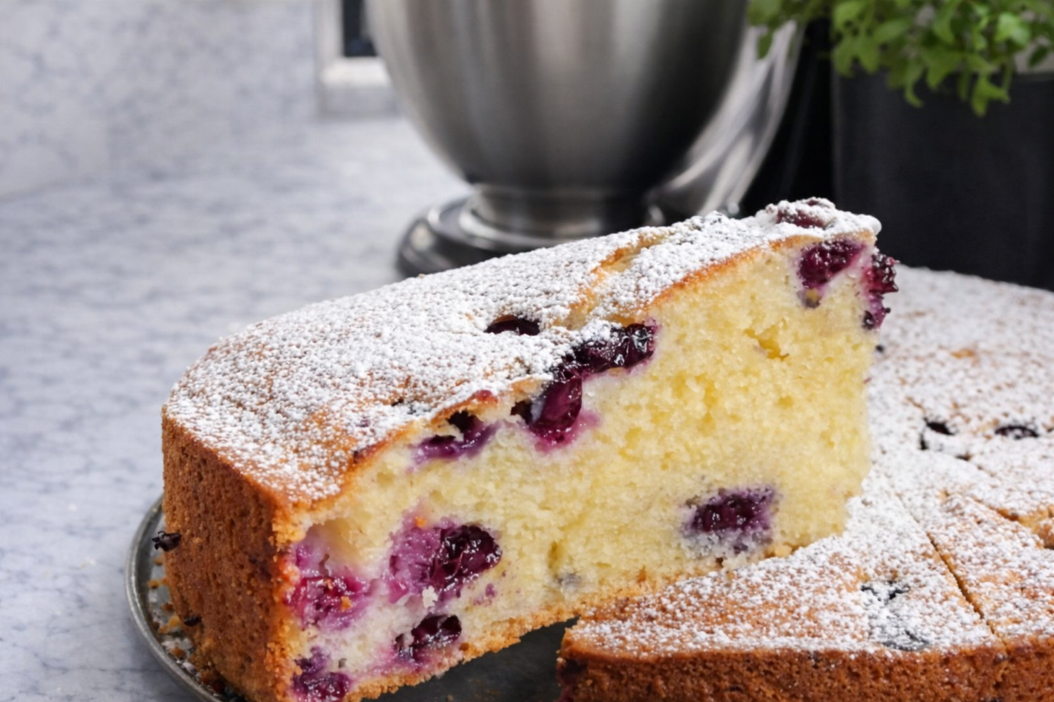 sočni domaći kolač s borovnicama posut šećerom u prahu narezan na kriške