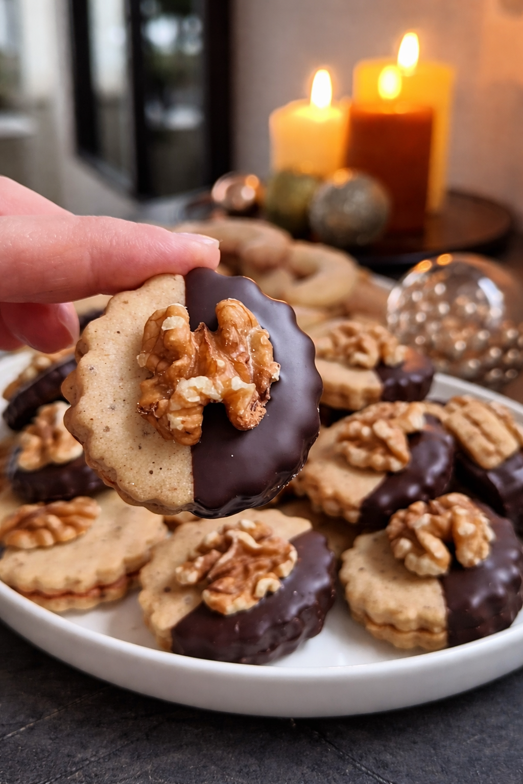 Domaći prhki kolačići s orasima i džemom, pola umočeni u tamnu čokoladu, posluženi na tacni uz svijeće u toploj kućnoj atmosferi