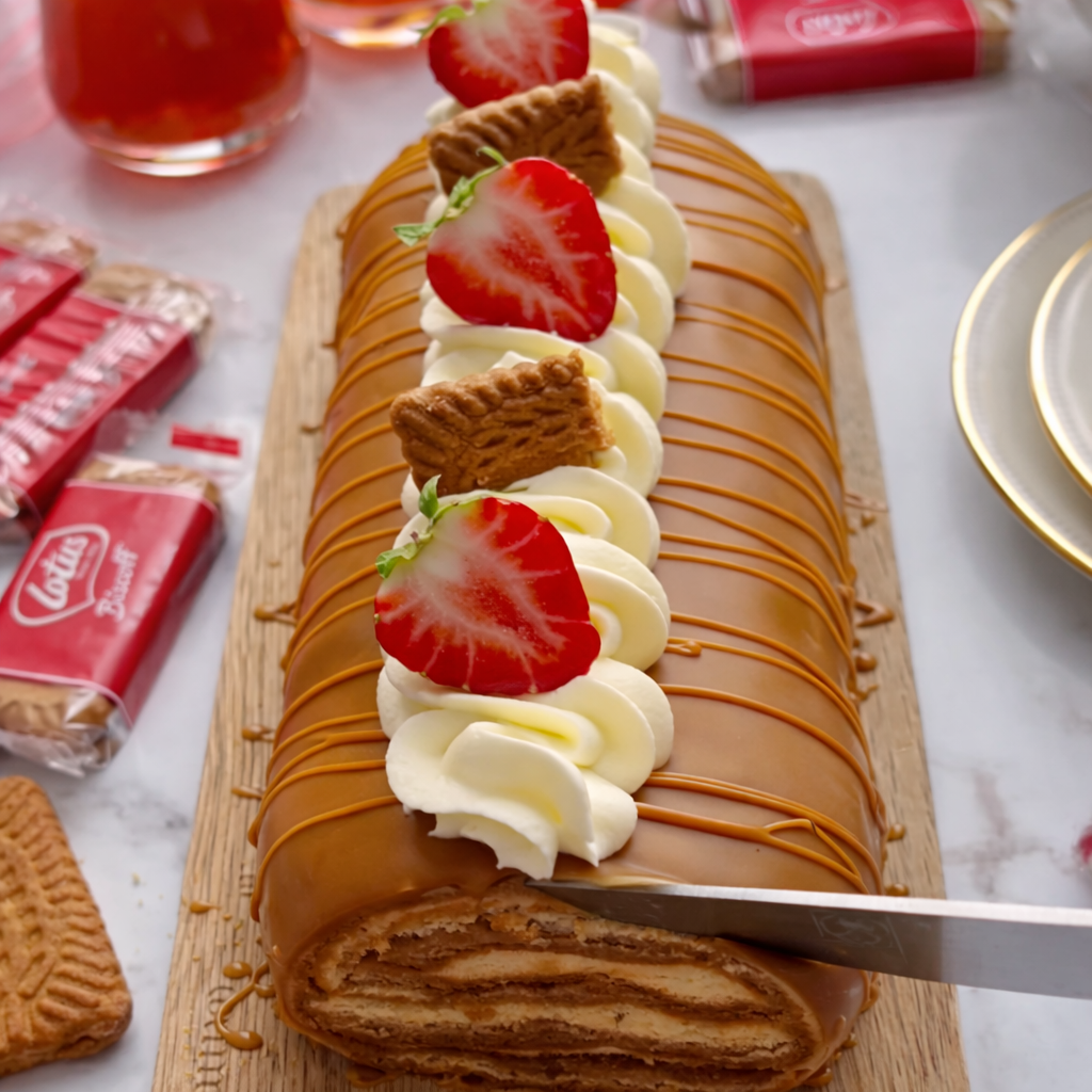 Lotus Biscoff rolat bez pečenja preliven Biscoff namazom i ukrašen jagodama
