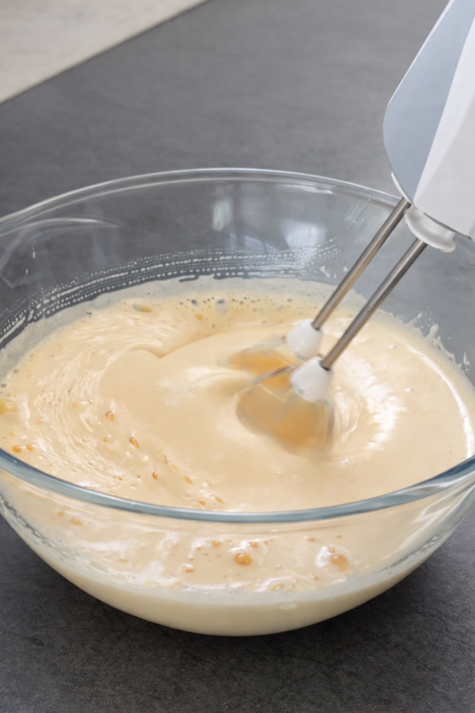 Mućenje jaja i šećera mikserom za pripremu smjese za čokoladni kolač