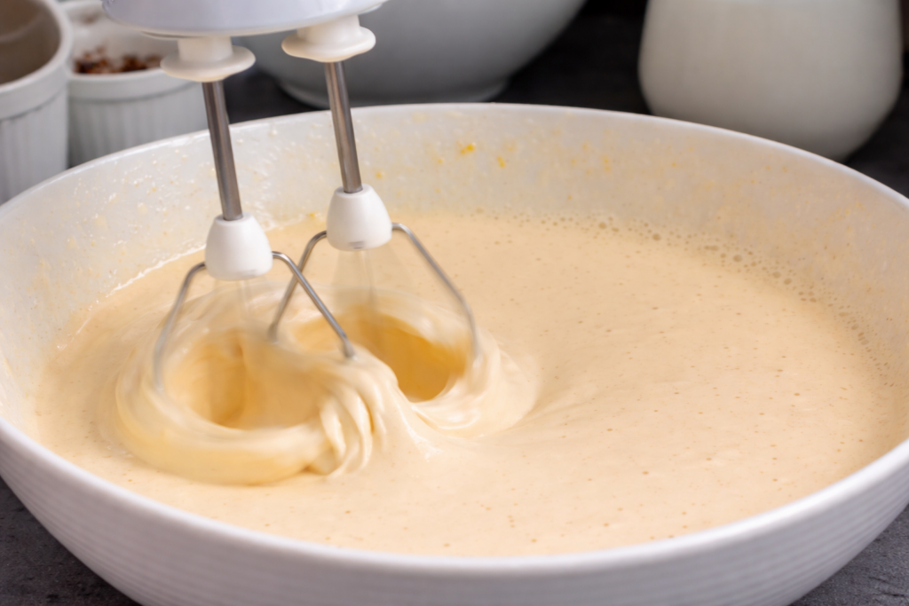 Mutenje jaja i šećera mikserom tokom pripreme smjese za mramorni kolač