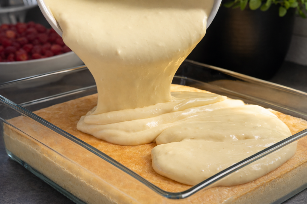 Vanilija krema se raspoređuje preko pečenog biskvita za voćne kocke