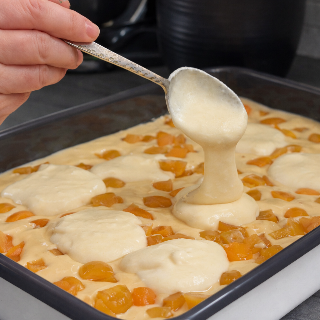 Raspoređivanje preliva od svježeg sira preko kolača sa kajsijama prije pečenja