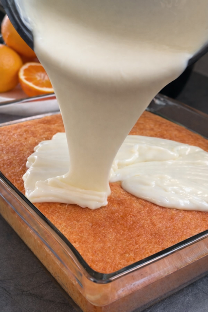 Prelivanje puding kreme preko sočnog kolača od narandže u staklenoj tepsiji