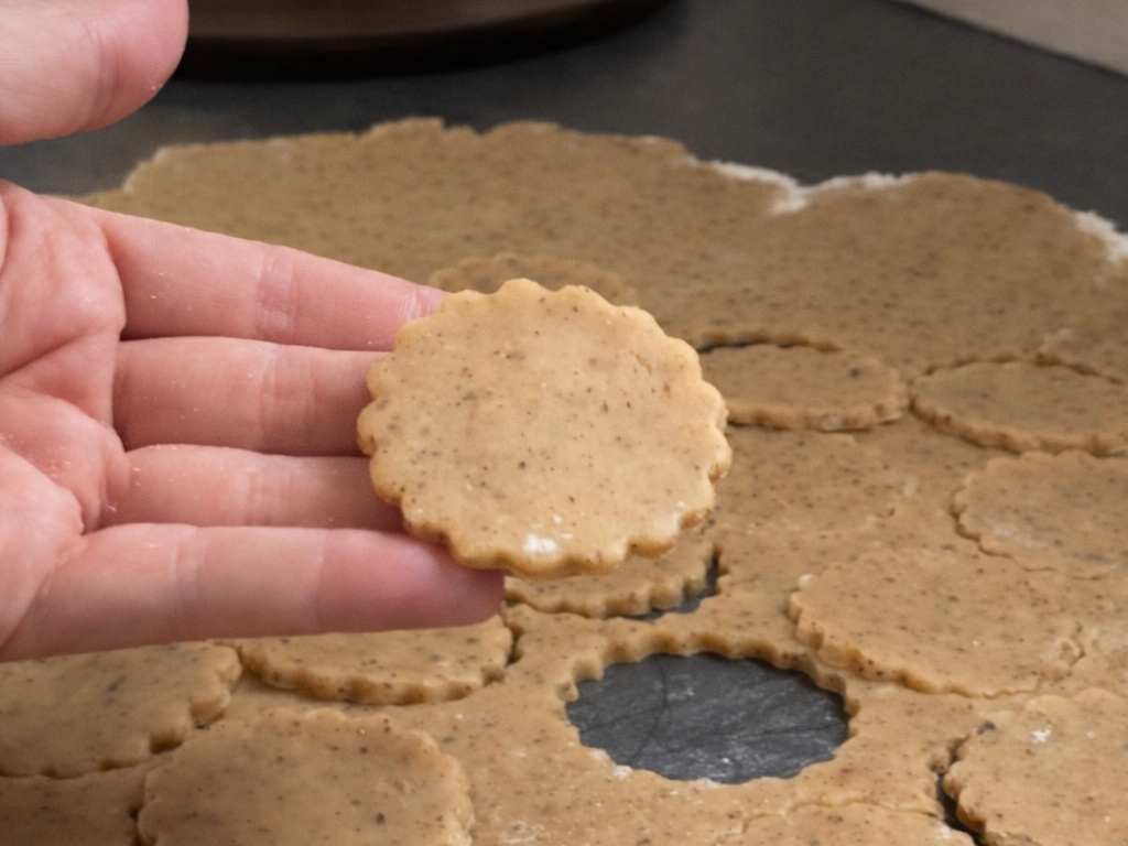 Rezanje prhkog tijesta kalupom za domaće kolačiće s orasima na pobrašnjenoj podlozi tokom pripreme recepta