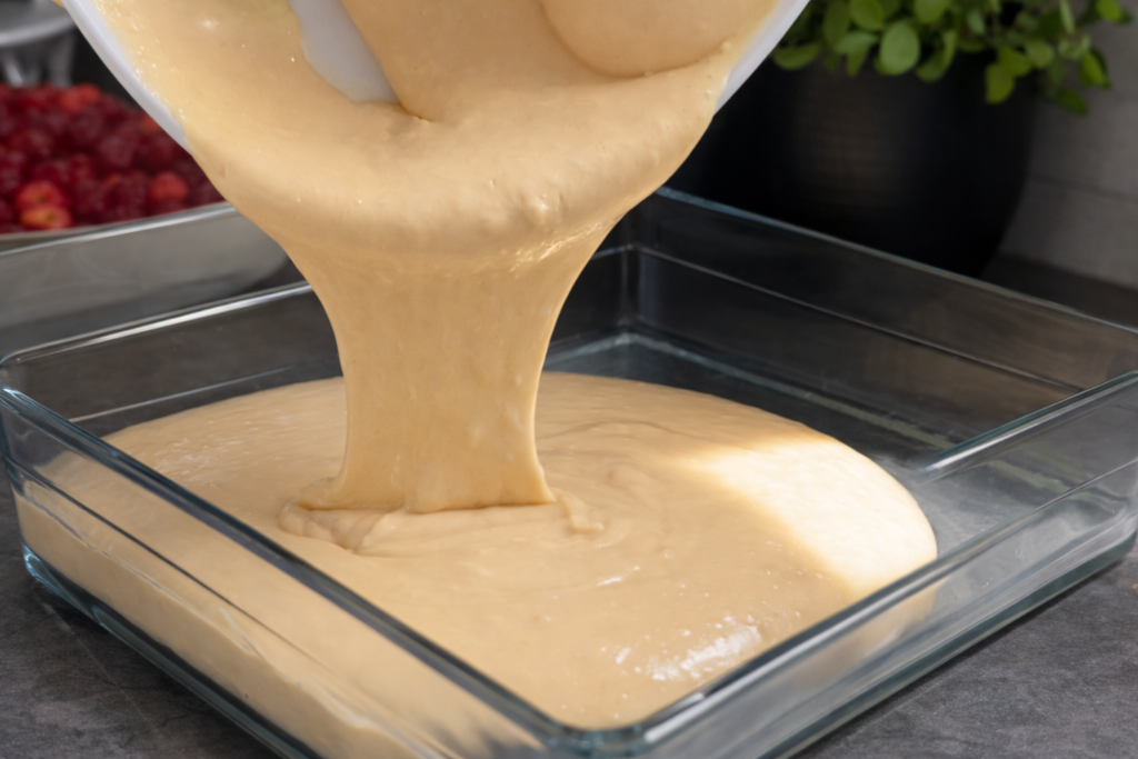 Smjesa za biskvit se sipa u staklenu tepsiju prije pečenja