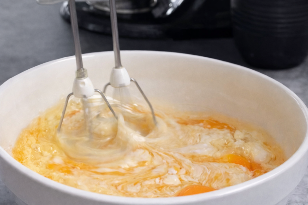 Miješanje jaja i jogurta mikserom u posudi tokom pripreme domaćeg kolača s borovnicama