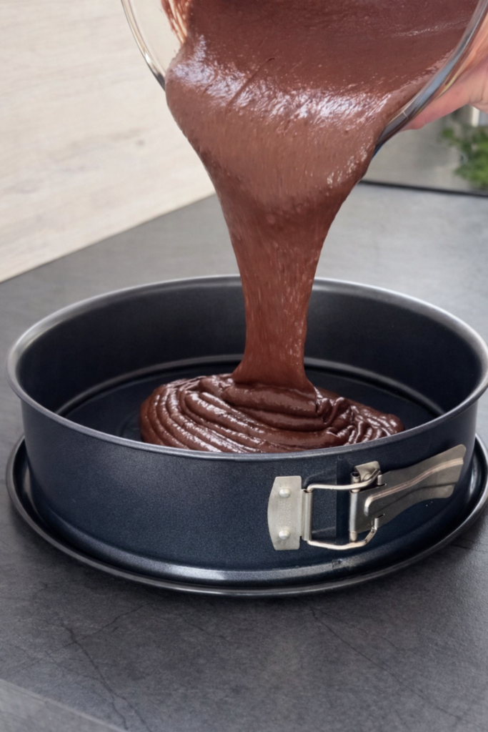 Ulijevanje čokoladne smjese u kalup za pečenje domaćeg čokoladnog kolača