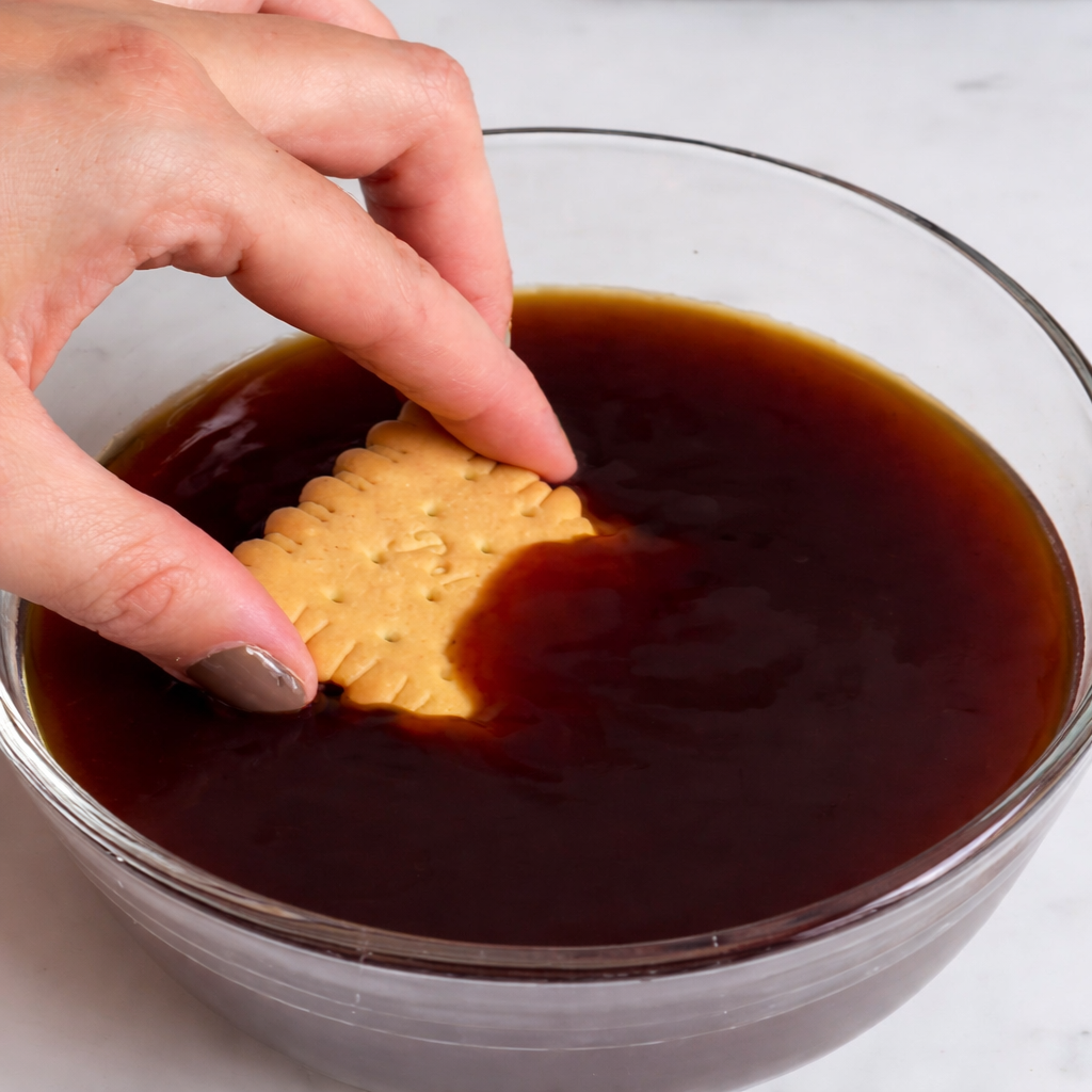 Petit beurre keks se umače u kafu prije slaganja ledene torte