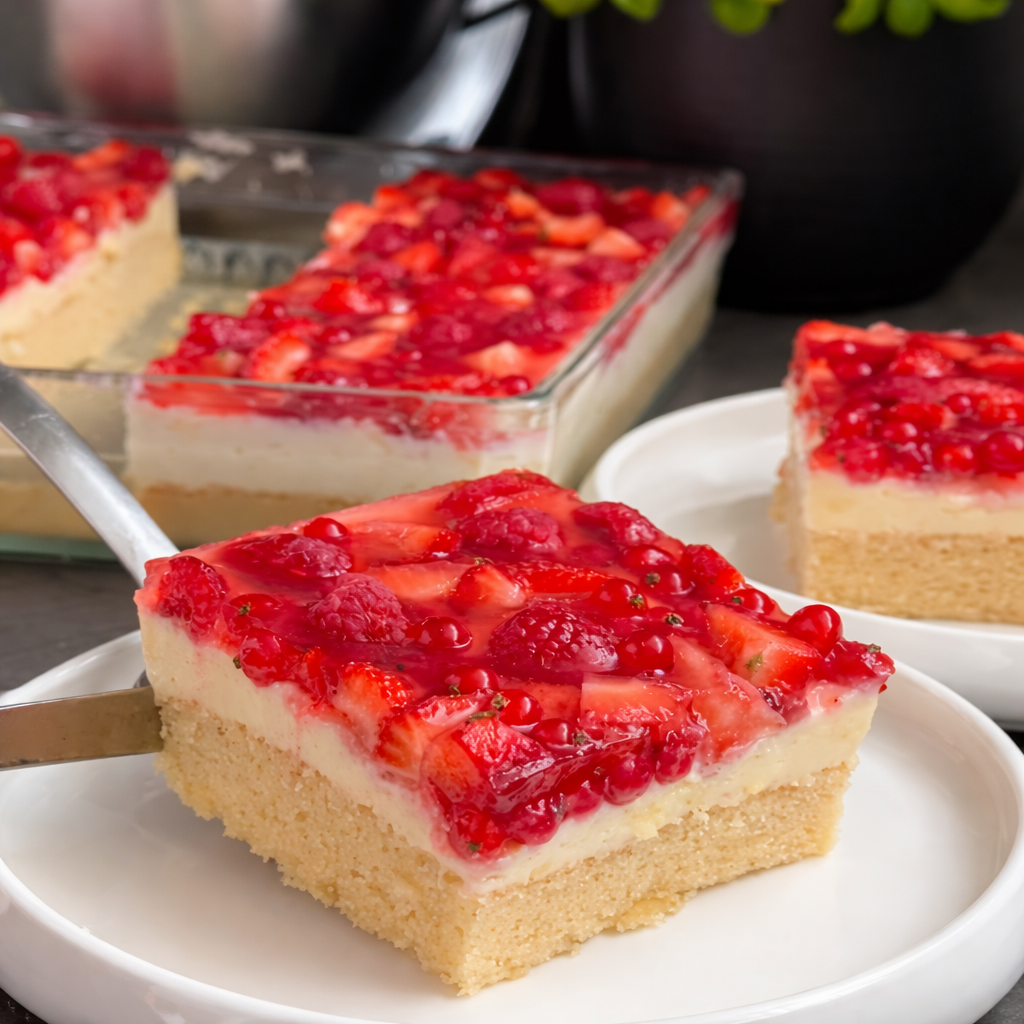 Voćne kocke sa kremom od vanilije, jagodama, malinama i ribizlama