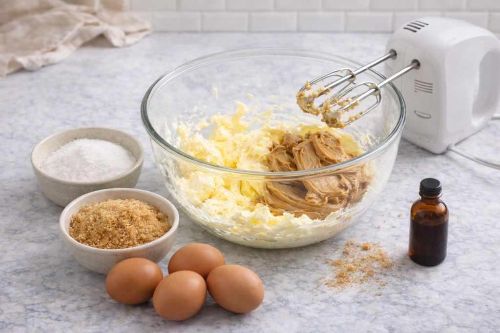 Brzi kolač od putera od kikirikija – miksanje putera, šećera i kikiriki putera u staklenoj zdjeli