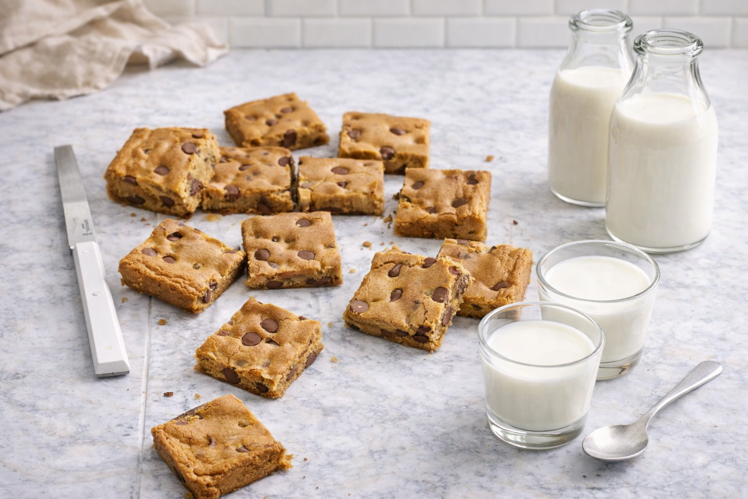 Brzi kolač od putera od kikirikija narezan na štanglice sa komadićima čokolade i čašama mlijeka