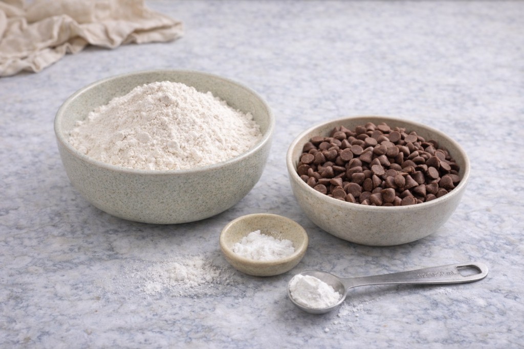 Brzi kolač od putera od kikirikija – brašno, prašak za pecivo, so i komadići čokolade