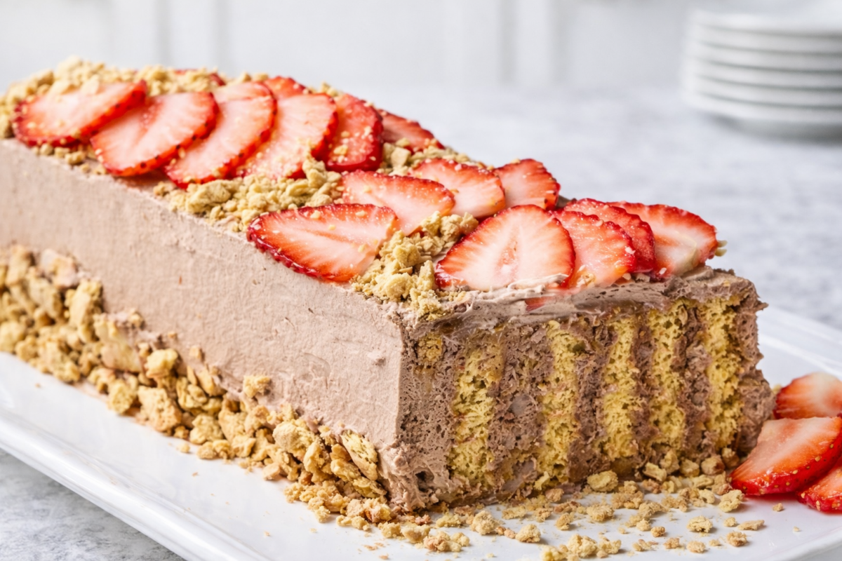 Čarobna torta iz frižidera bez pečenja sa slojevima čokolade, keksa i jagoda – prikazan presjek