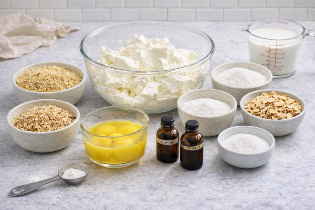 Čizkejk od badema sastojci – krem sir, jaja, bademi, šećer, pavlaka i ekstrakti