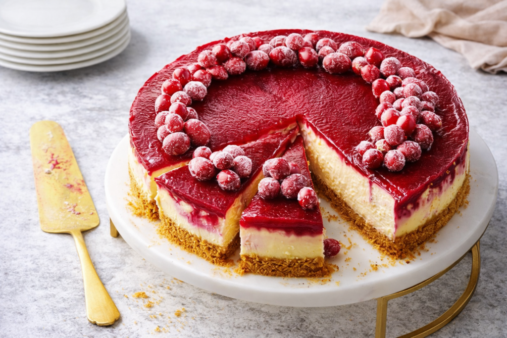 Čizkejk od brusnica sa bogatim voćnim preljevom i prikazanim presjekom
