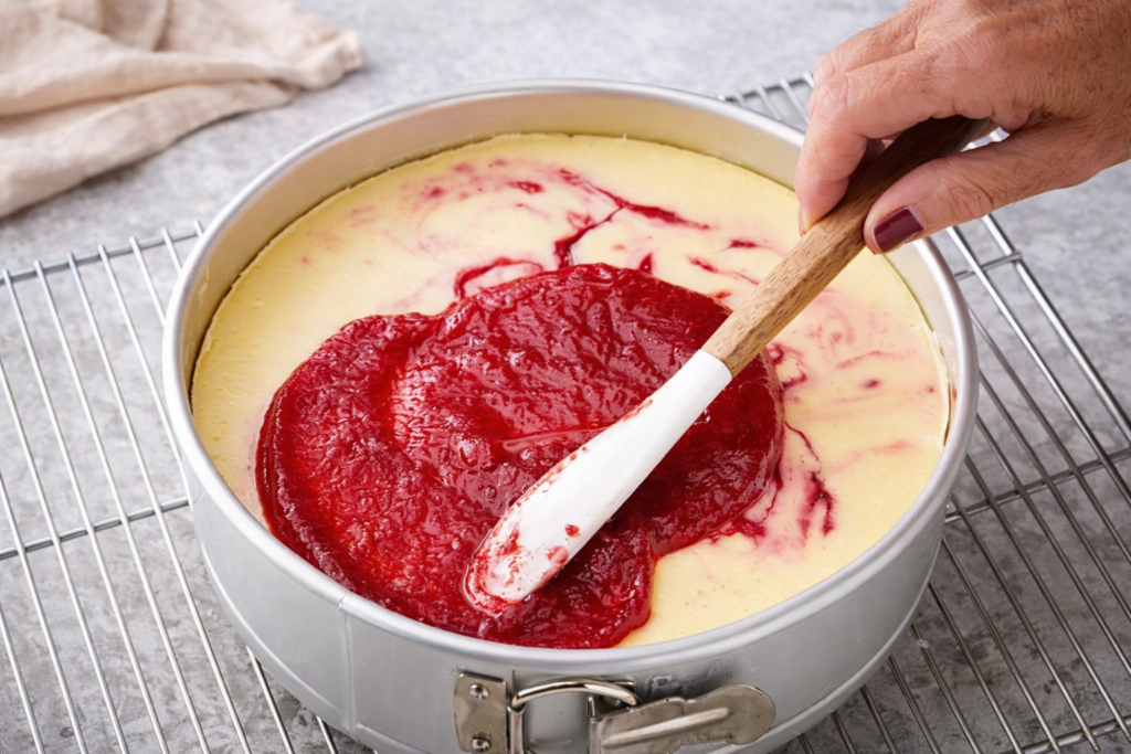 Čizkejk od brusnica – dodavanje voćnog preljeva preko fila prije pečenja