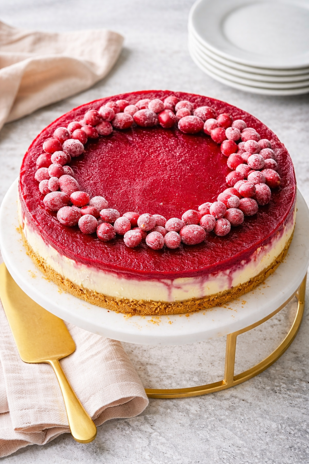 Čizkejk od brusnica sa bogatim voćnim preljevom i svježim brusnicama na vrhu